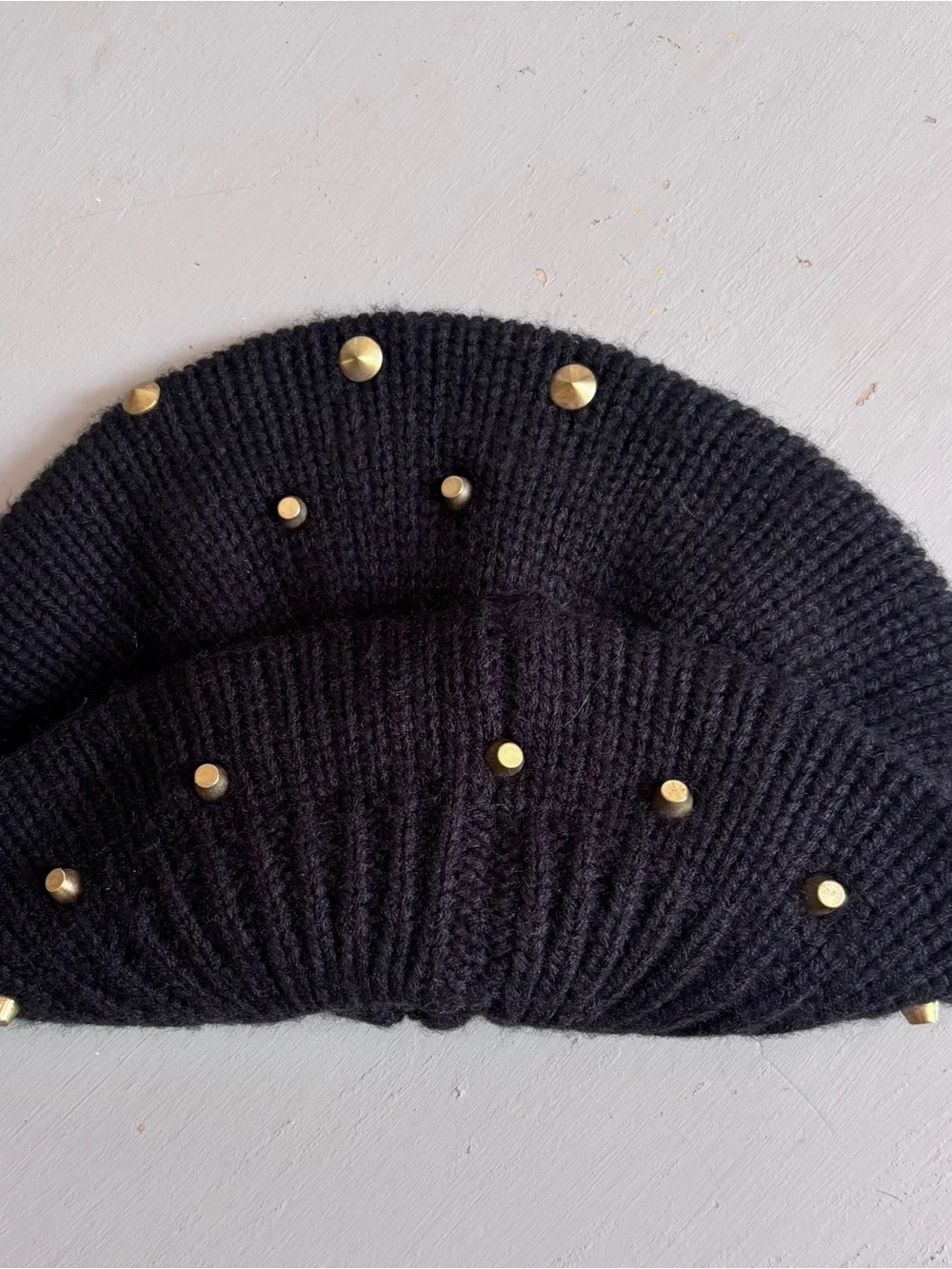 Soft Ribbed Knit Beret Gold Metal Studded Accents